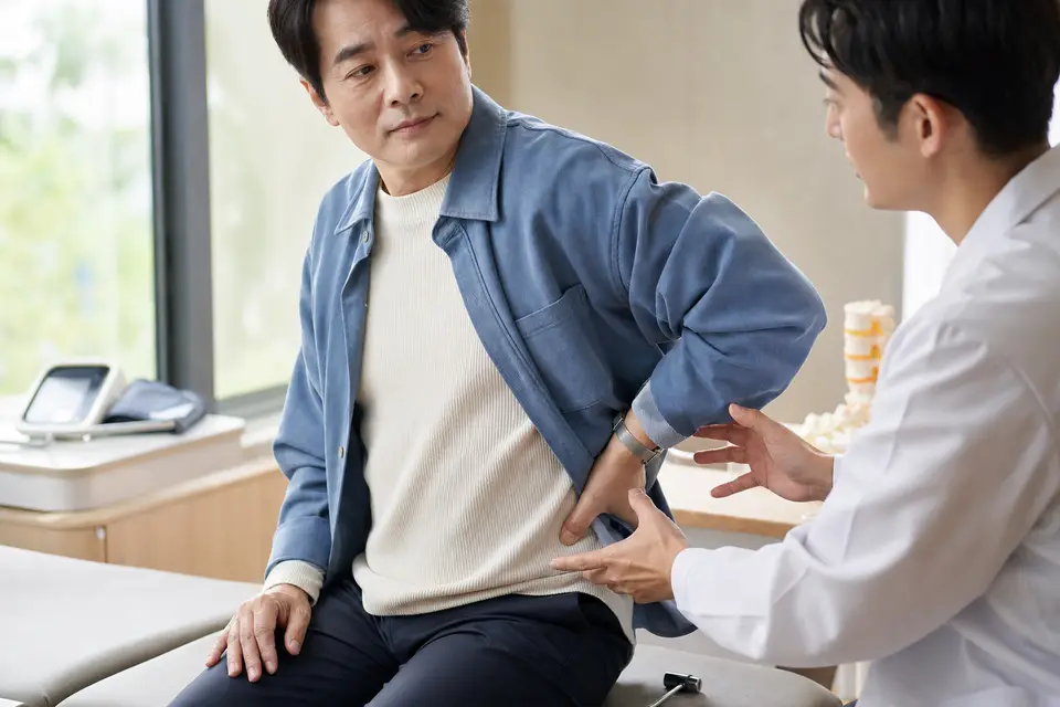 台灣成人坐在復健科診間扶著下背，醫療人員以側身入鏡進行初步評估