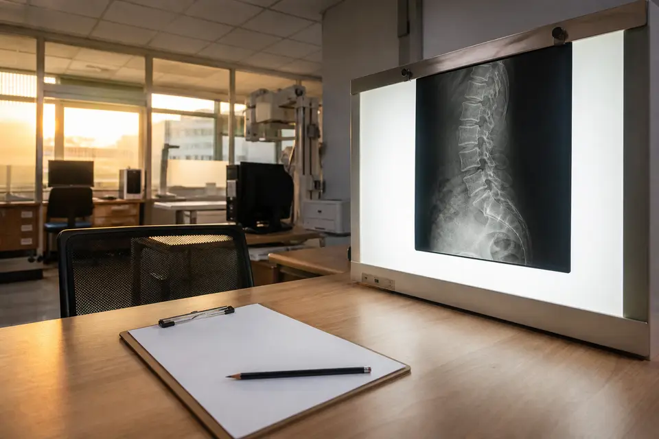 台灣成人在診間與醫療人員一起查看腰椎 X 光與 MRI 影像，呈現先評估再決定檢查