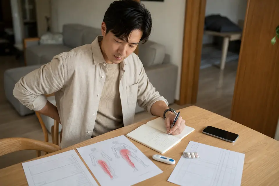 桌上放著下背疼痛位置圖、症狀日誌、體溫計、藥物清單與掛號單