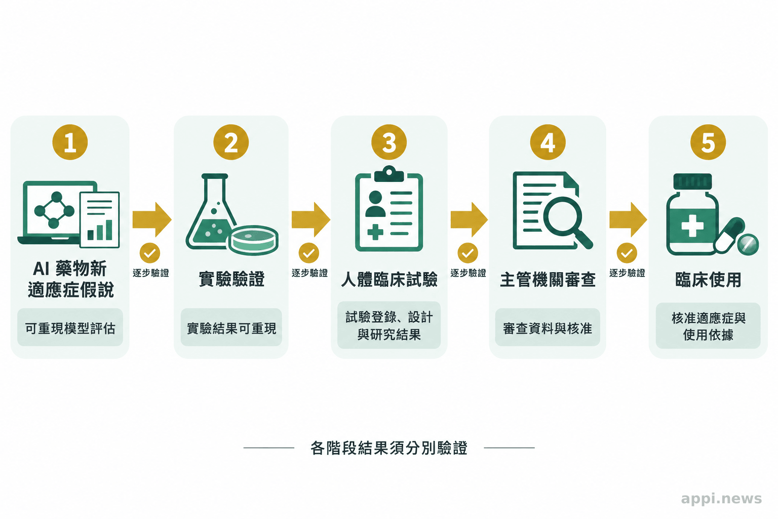 流程圖以箭頭連接藥物新適應症假說、實驗、人體臨床試驗、主管機關審查與臨床使用，並標示各階段所需證據。