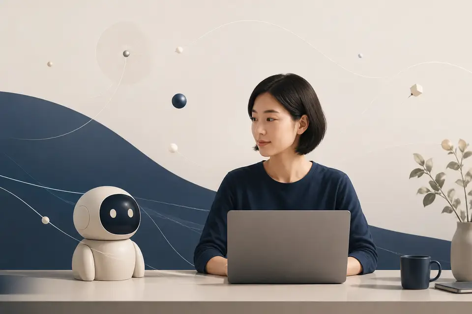 筆電前的 AI 機器人象徵企業工作流程中出現可調用工具的 AI 代理。