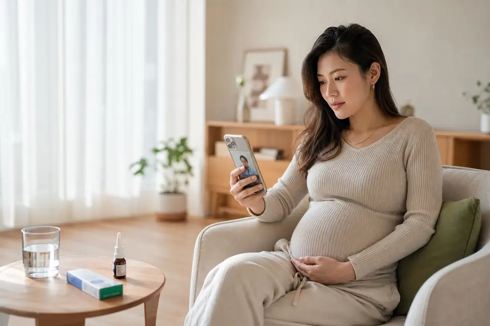 一位孕婦在家中休息的情境示意
