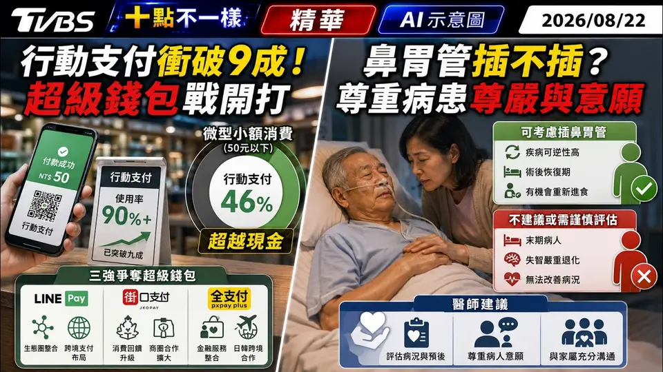 （2026-08-22）行動支付衝破9成! 超級錢包戰開打 鼻胃管插不插? 尊重病患尊嚴與意願｜十點不一樣 20260822 @TVBSNEWS01