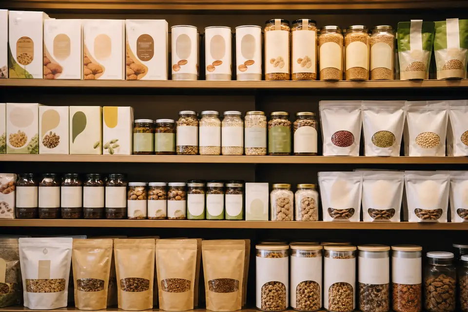 超市貨架上印著各種天然無添加字樣的食品包裝