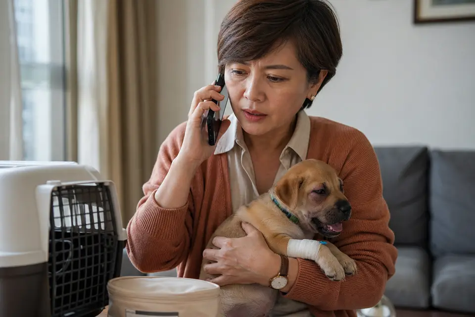 幼犬接種後出現臉部腫脹與呼吸困難，飼主準備聯絡動物醫院急診