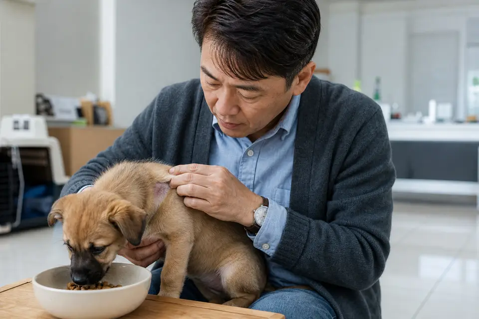 飼主在家觀察幼犬接種後的精神、食慾與注射部位