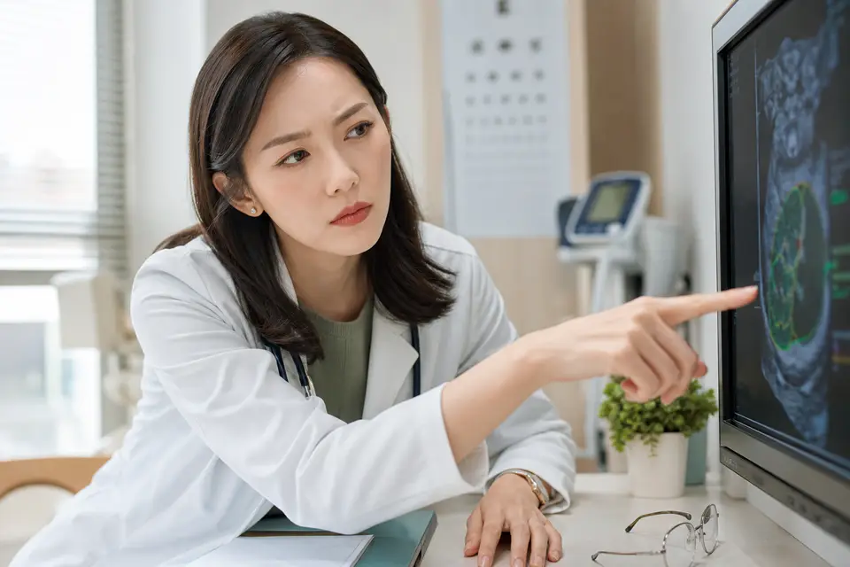 醫師在診間螢幕前審視 AI 輔助診斷系統畫面