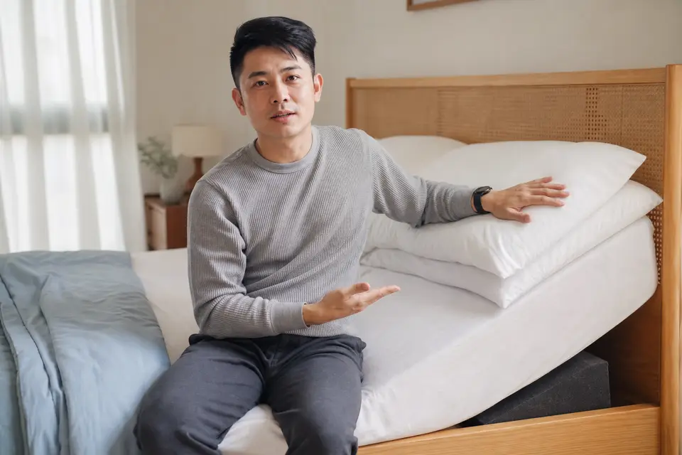 床頭墊高的睡姿示意，枕頭與床墊墊高的角度