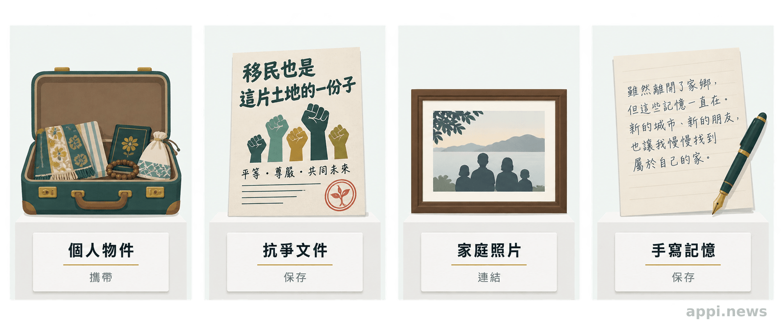 展櫃中並列展示個人物件、抗爭文件、家庭照片與手寫記憶，呈現移民者保存家園感的不同方式