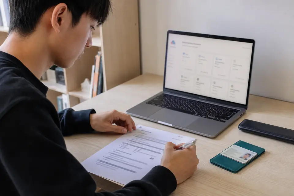 學生證、筆記型電腦與個人帳戶優惠條款放在桌面上，呈現學生 AI 優惠的申請情境，沒有可辨識人物