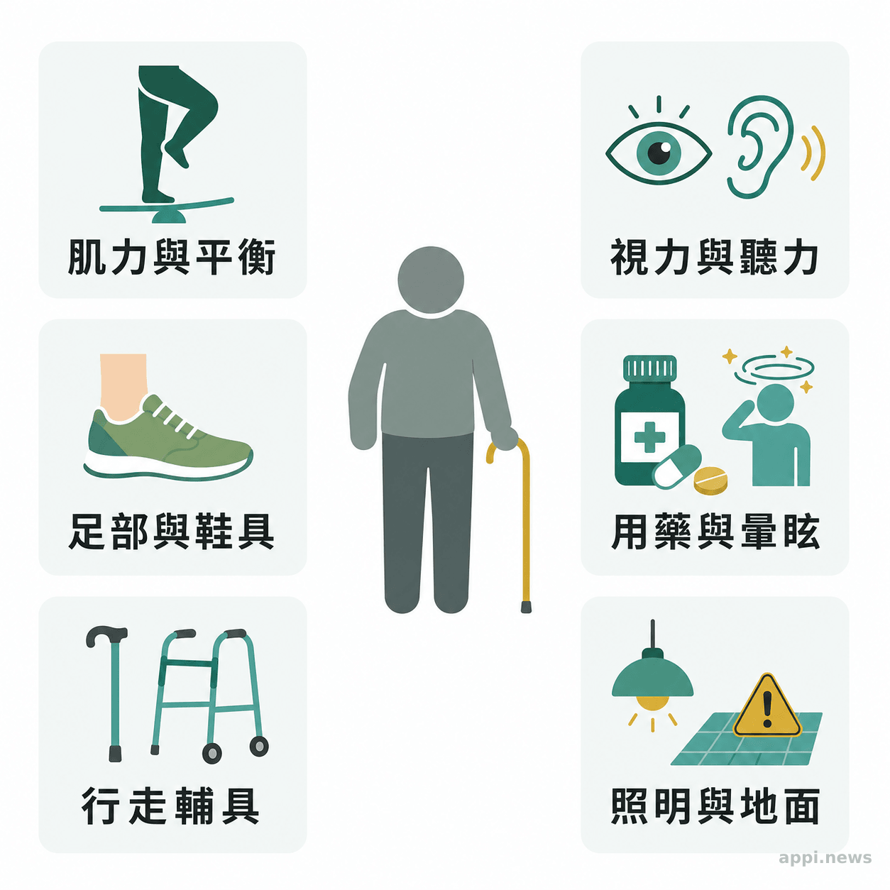 長者周圍並列肌力與平衡、視聽力、足部鞋具、藥物、輔具及居家環境六類跌倒風險。