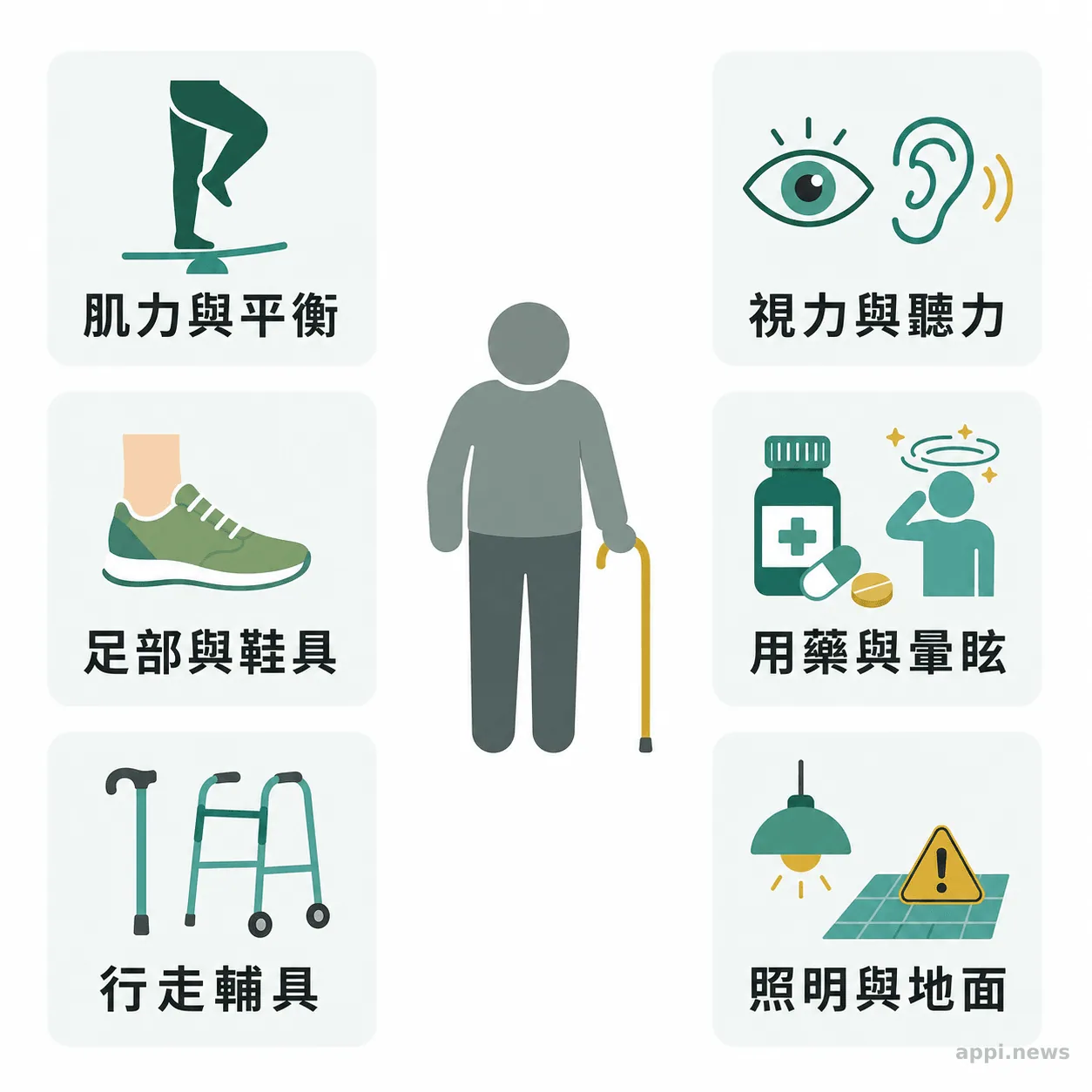 長者周圍並列肌力與平衡、視聽力、足部鞋具、藥物、輔具及居家環境六類跌倒風險。