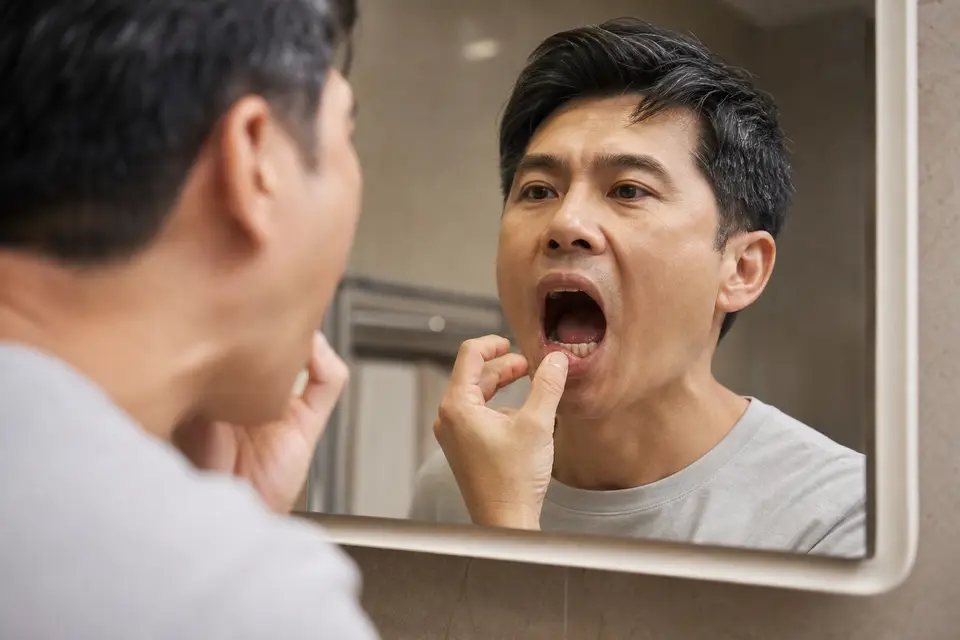 民眾對著鏡子自我檢查口腔示意