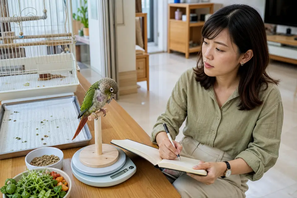 鸚鵡旁放著照護紀錄本、電子秤、飼料碗與排泄觀察區，呈現日常健康紀錄
