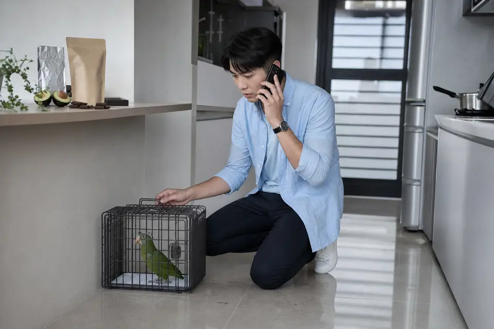 飼主將鸚鵡安置在運輸籠旁，手邊有食品包裝與手機，準備聯絡動物醫院