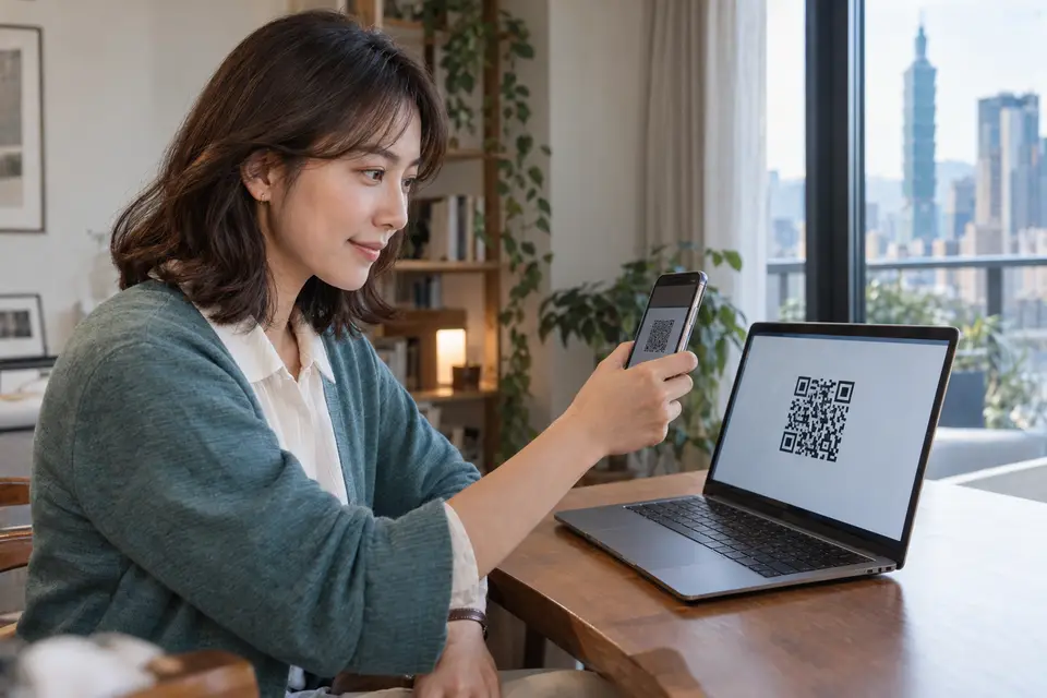 手機掃描筆電畫面上的 QR code，呈現跨裝置 passkey 登入