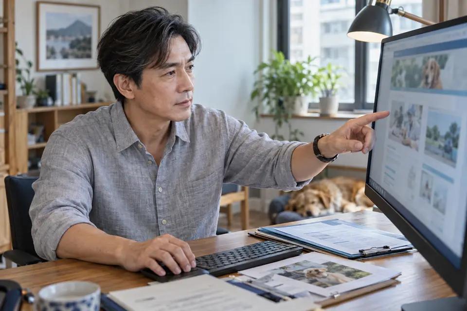 電腦顯示環境部動物屍體處理法規，旁邊放著寵物登記文件