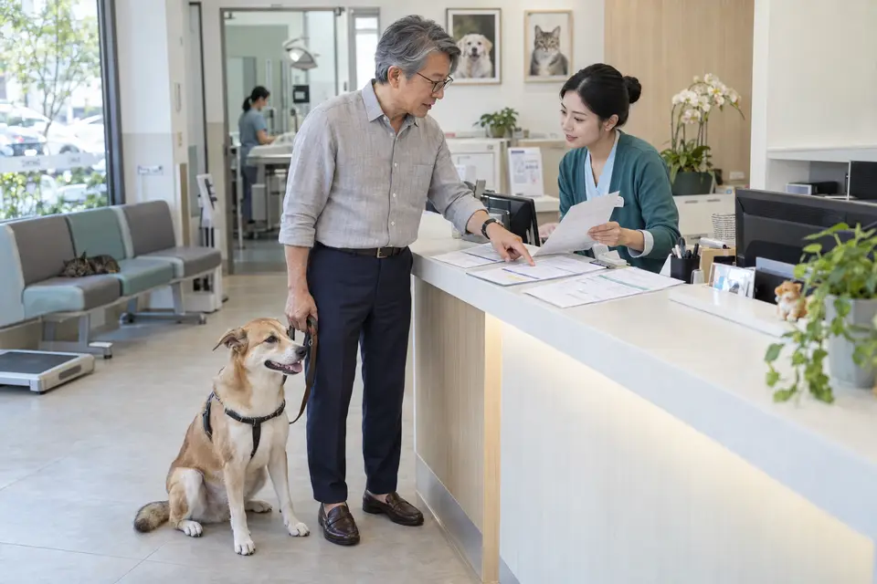動物醫院櫃檯旁有犬隻、醫療費用明細與保單文件