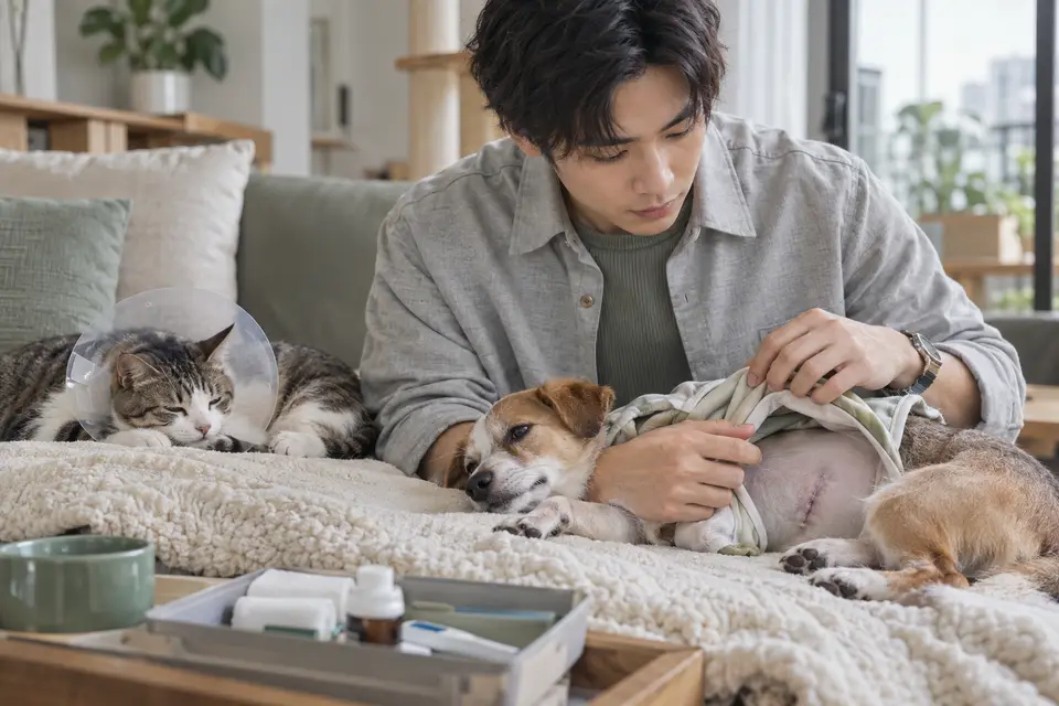獸醫師在診間檢查貓咪與狗狗,飼主在旁討論結紮時間(示意圖)