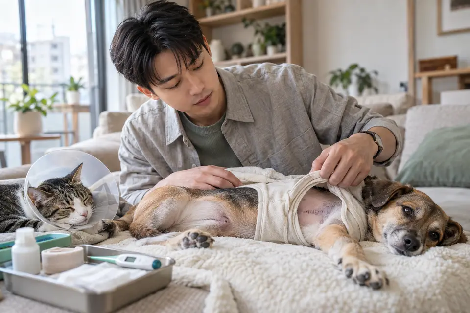 貓咪與狗狗在家中安靜休息,飼主觀察手術傷口並照顧牠們(示意圖)