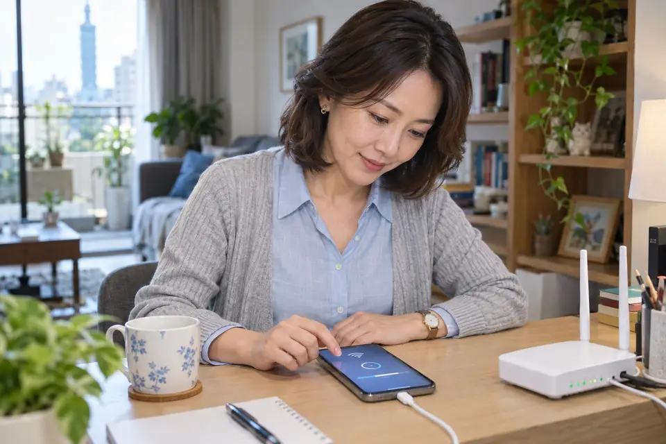 手機放在桌面上連接充電器,畫面顯示 Wi-Fi 與更新通知。