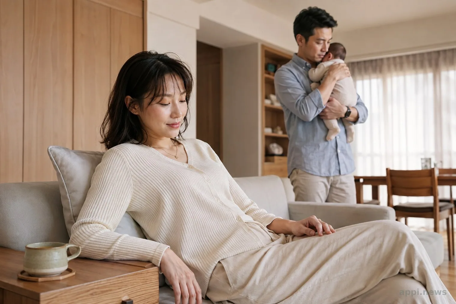 台灣居家客廳裡，伴侶抱著寶寶，產後媽媽在沙發上休息，旁邊放著一杯茶