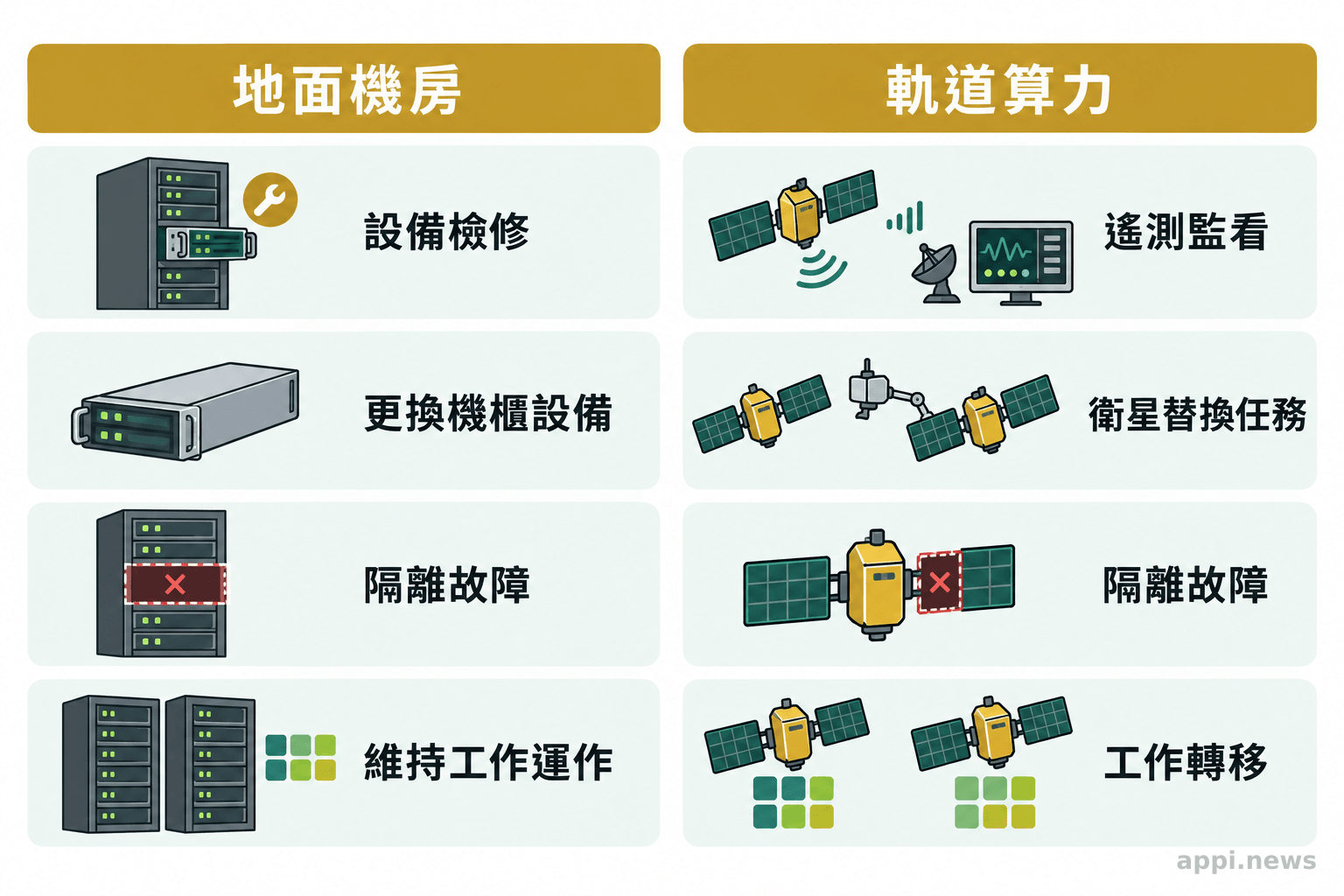 地面機房有技術人員檢修機櫃，軌道系統則透過遙測監看衛星並安排工作轉移或替換任務。