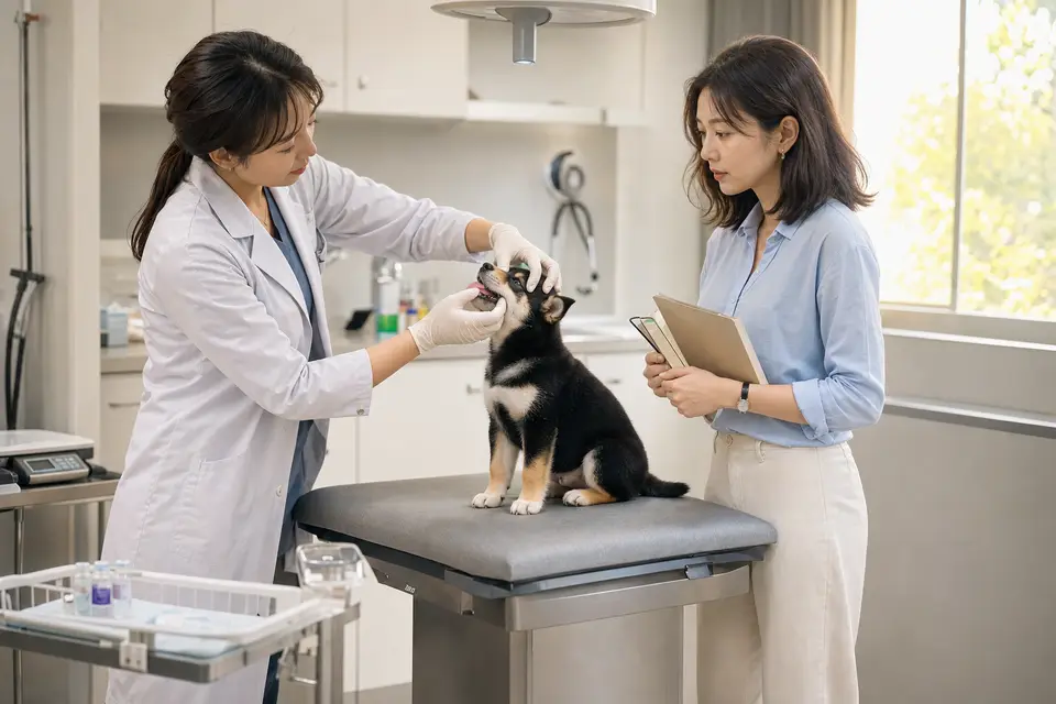 幼犬在動物醫院檢查台上，旁邊可見聽診器與健康紀錄夾