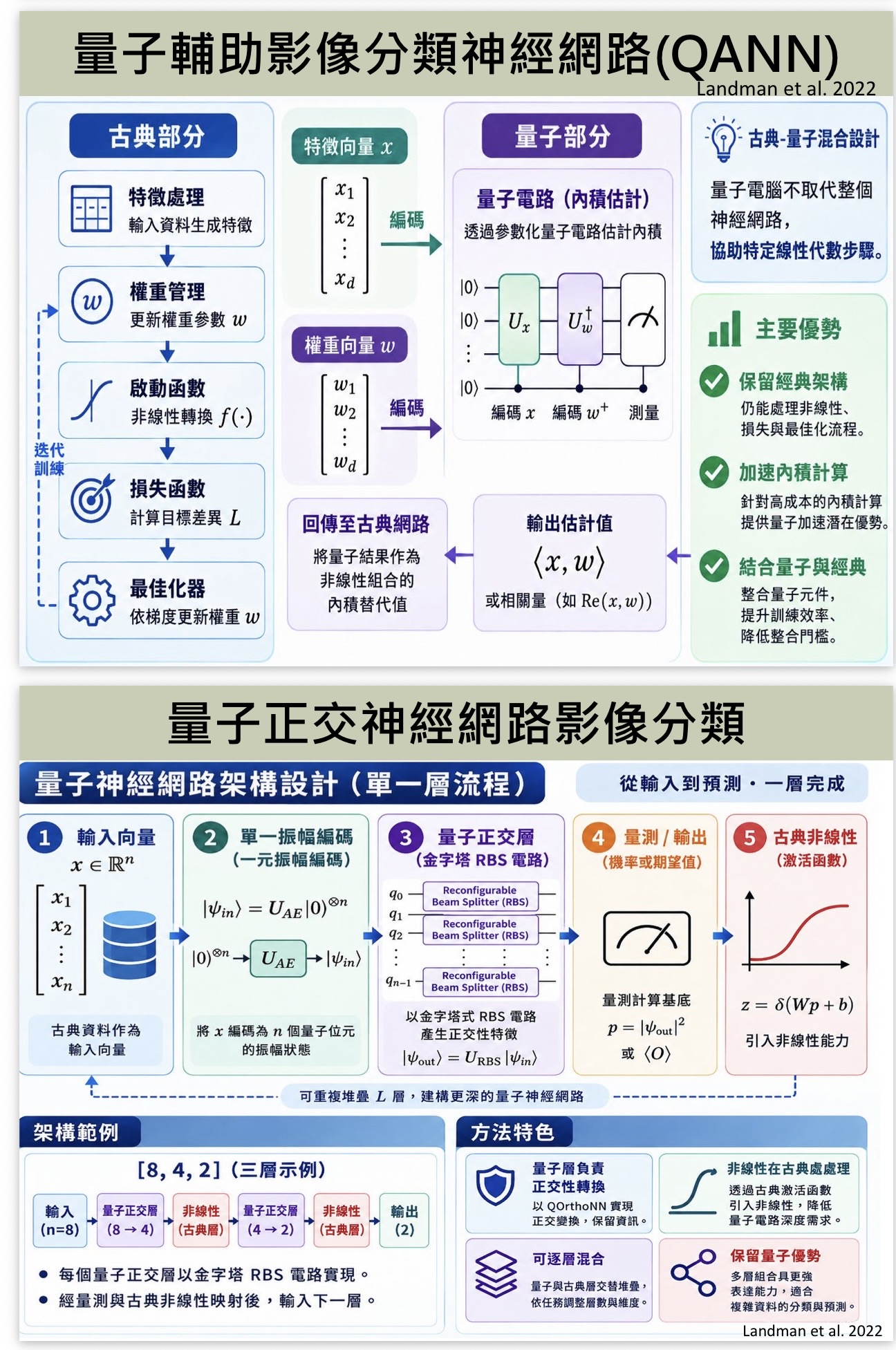 量子正交網路以振幅編碼與 RBS 電路處理特徵,再測量並輸出分類結果