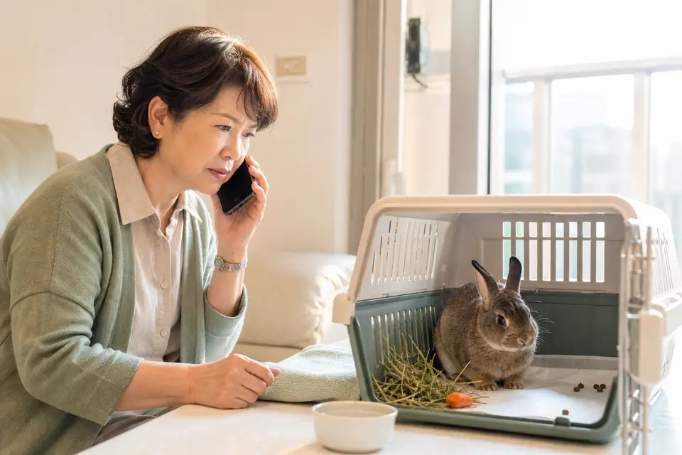 兔子待在運輸籠中，飼主拿手機聯絡動物醫院