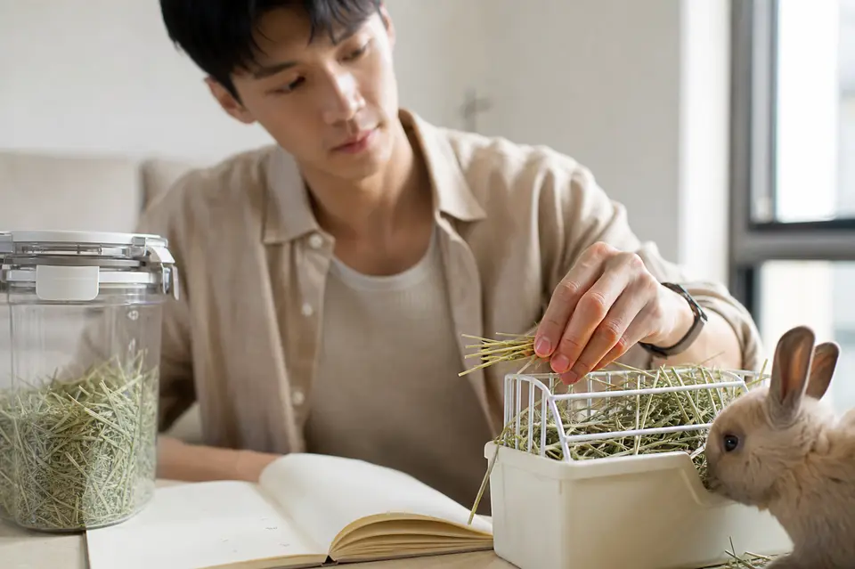 乾燥密封容器裡的牧草放在兔子餵食區旁，旁邊有記錄本
