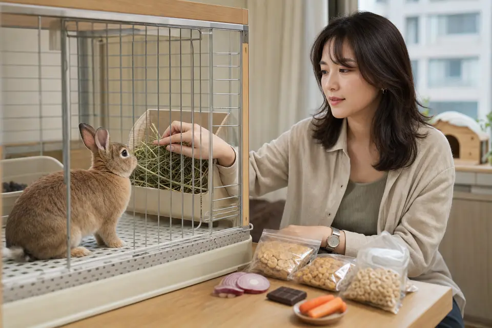 兔子牧草架清楚入鏡，外側分開放著零食、麥片、巧克力、洋蔥與紅蘿蔔