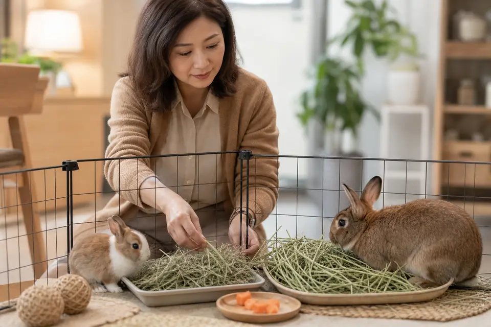 幼兔與成兔分別在安全室內空間，旁邊有不同種類牧草