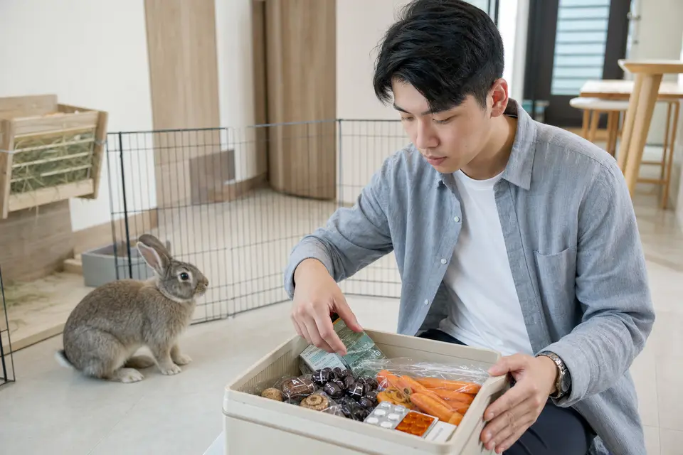 桌上被收好的巧克力、甜食、人用藥盒與大量零食，兔子在安全距離外