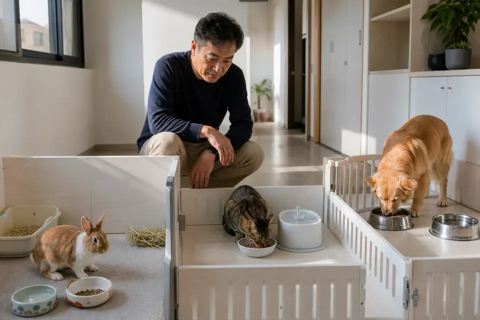 兔子、貓、狗在分開且安全的照護空間中，各自有符合物種的食物與水碗
