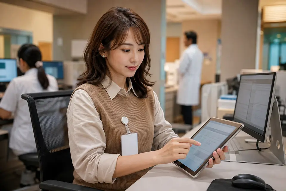台灣醫院數位資料交換場景，抽象連接多家醫療機構與健康 App，避免地圖文字