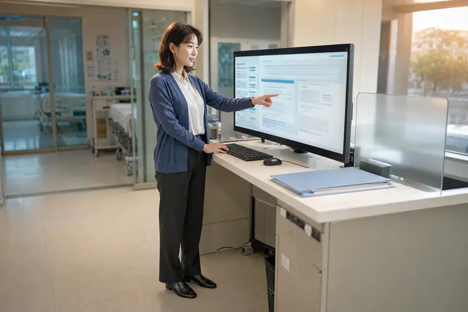 醫療與資訊團隊在白板前檢視 AI 系統導入關卡、資料流、人工覆核與服務降級方案