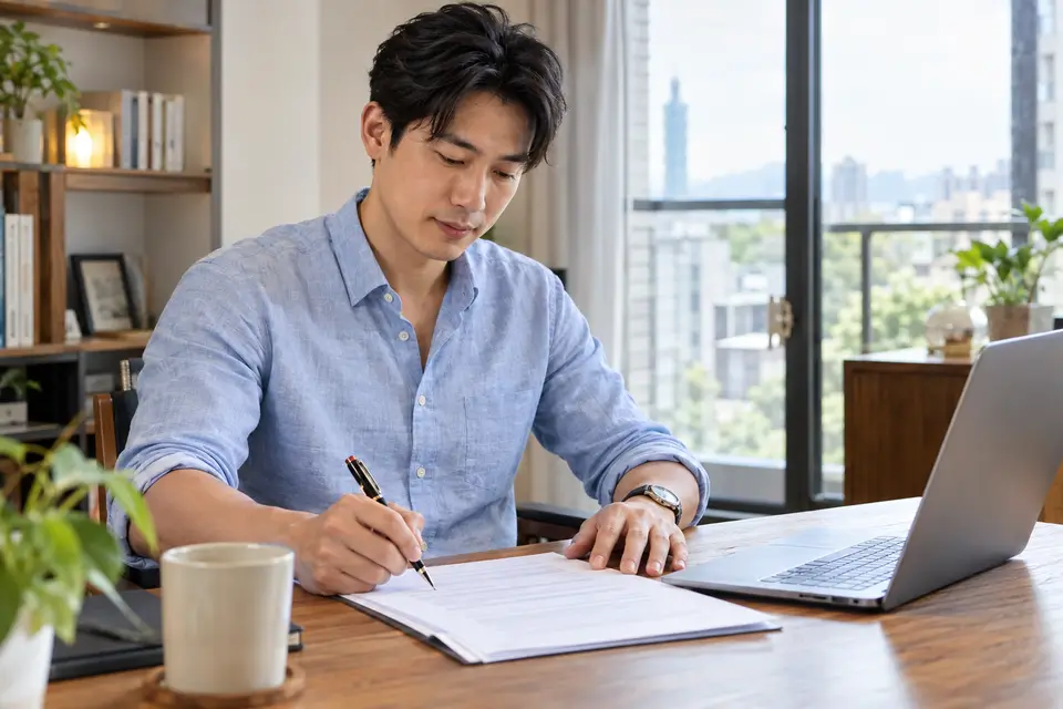 工作地點與設備費適合在契約中逐項寫明(示意圖) 勞動契約、紙本月曆與筆電放在桌面,呈現工作地點與設備費需要白紙黑字約定