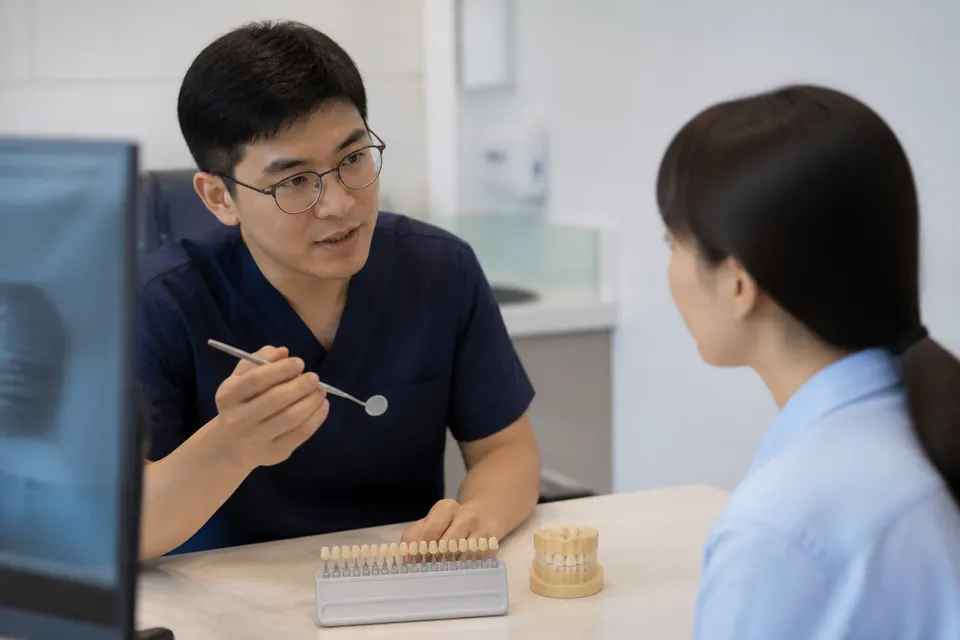 牙科診間桌面擺放牙冠比色板與臼齒牙冠模型，醫師手持口內鏡準備向患者說明修復方案