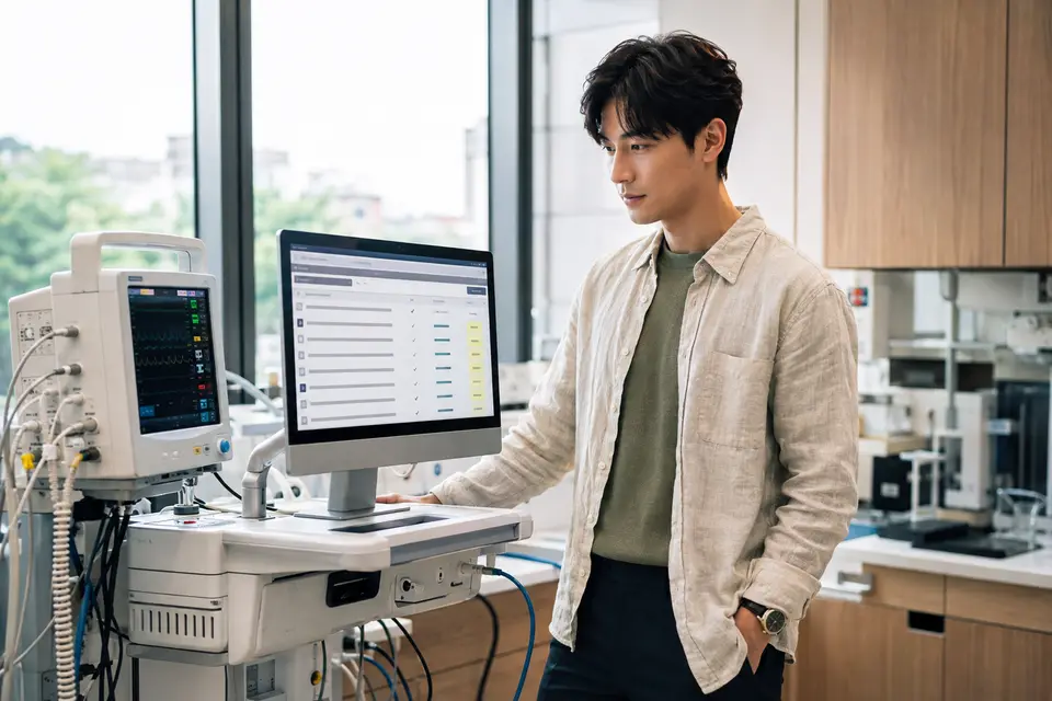 聯網醫療設備旁的螢幕顯示軟體元件與安全更新清單。