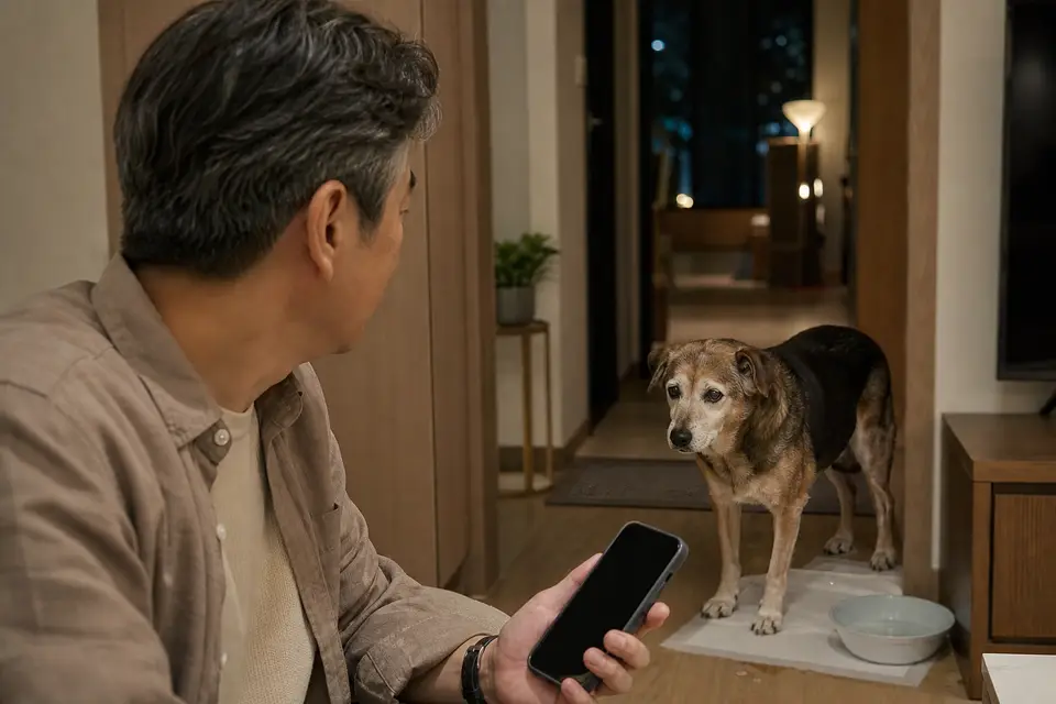 飼主在夜間觀察高齡犬並準備聯絡動物醫院
