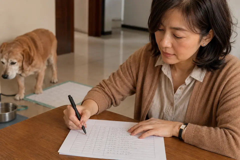 飼主用表格記錄高齡犬夜間叫聲、走動與排泄變化