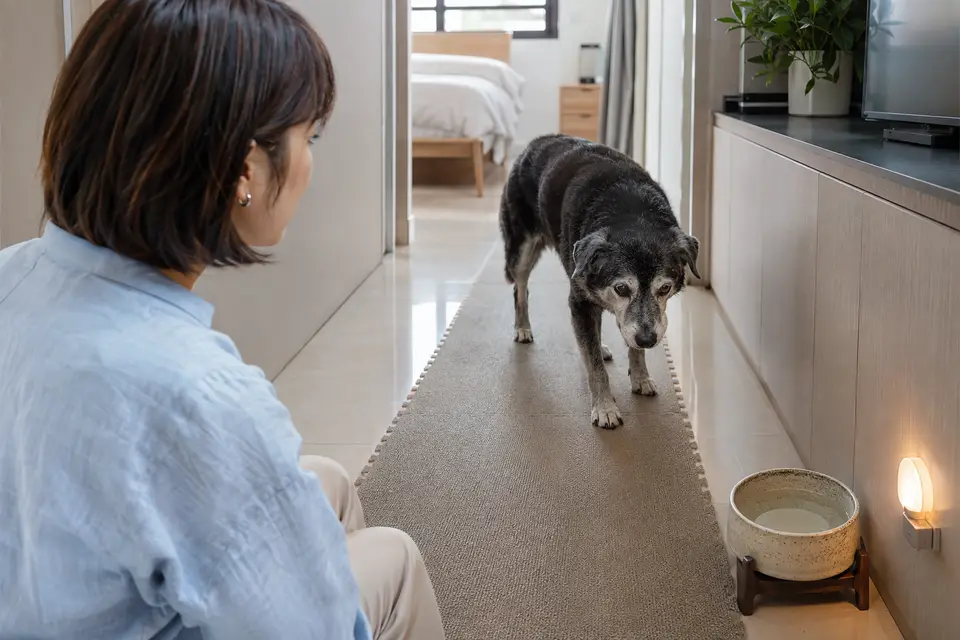 高齡犬在有夜燈與防滑墊的家中走向固定位置的水碗