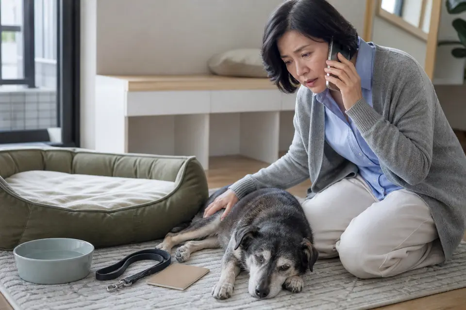 飼主查看高齡犬狀況並準備聯絡動物醫院，呈現急診警訊的處理情境（示意圖）