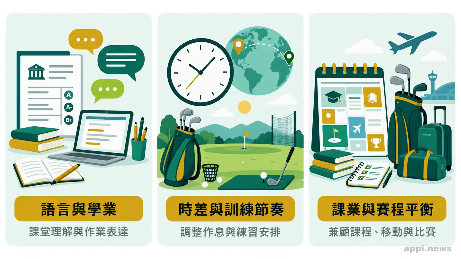 三格資訊圖分別呈現語言與學業、時差與訓練節奏、課業與賽程平衡三項赴美挑戰