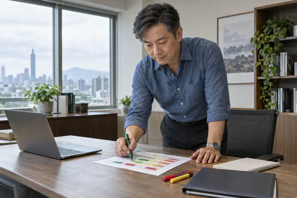 人工智慧風險評估文件與辦公桌上的圖表，呈現企業評估錯誤代價與資料敏感度