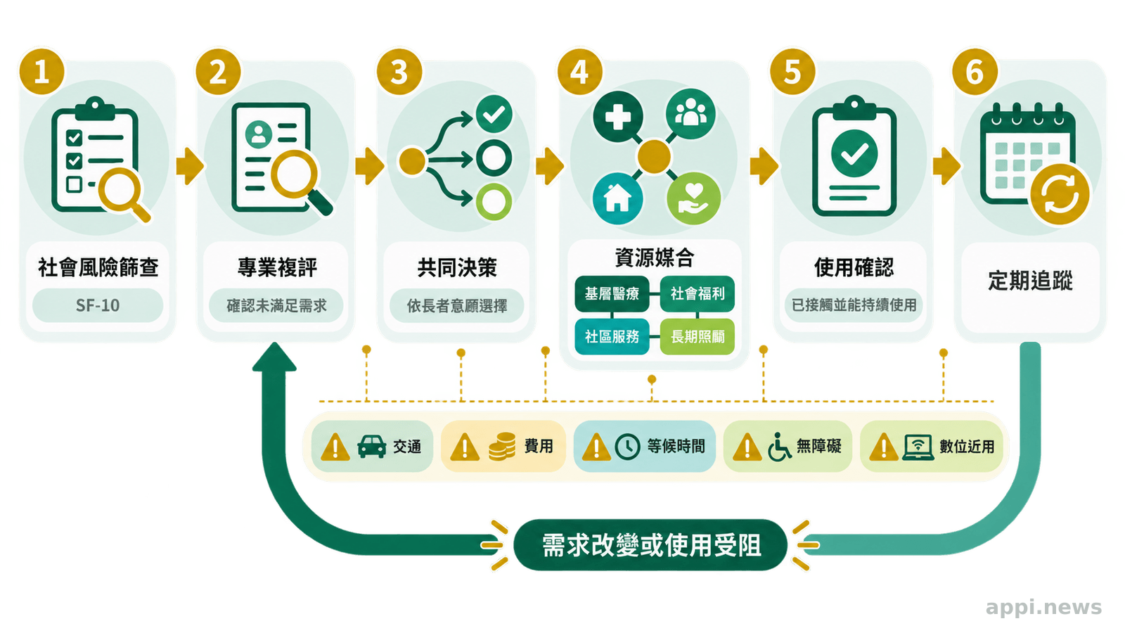 流程箭頭串連社會風險篩查、專業複評、共同決策、資源媒合、服務使用確認與定期追蹤，並由追蹤回到複評。