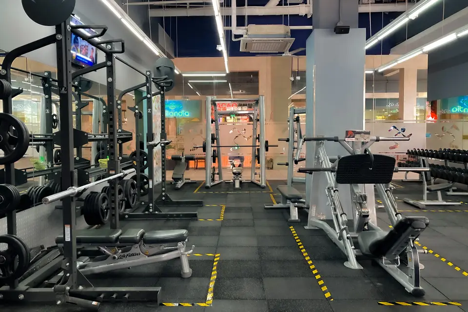 健身房中深蹲架、啞鈴訓練椅與滑輪划船器材依序排列，呈現三動作課表
