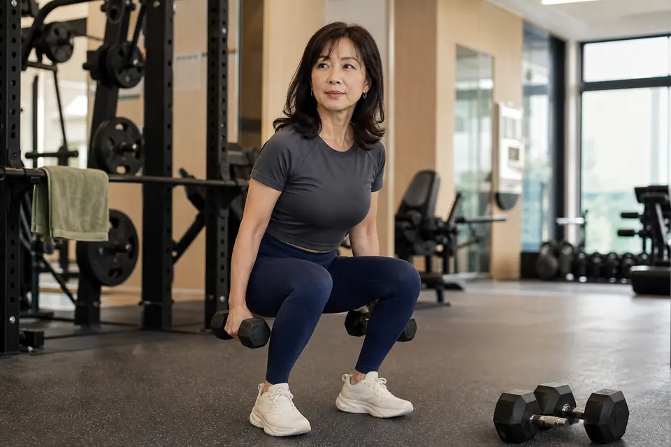 台灣女性教練在健身房示範以啞鈴控制深蹲姿勢，呈現重量訓練的動作修正情境