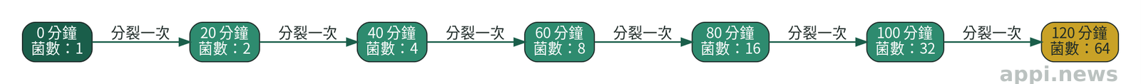 細菌二分裂倍增時間軸圖,顯示每20分鐘分裂一次,2小時後菌數從1增加到64倍